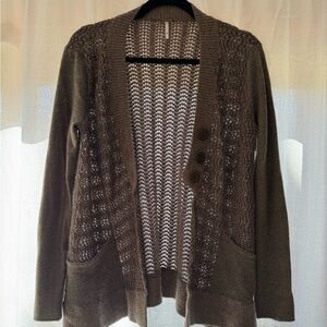 Free People Olive Brown Open-Knit Button Cardigan